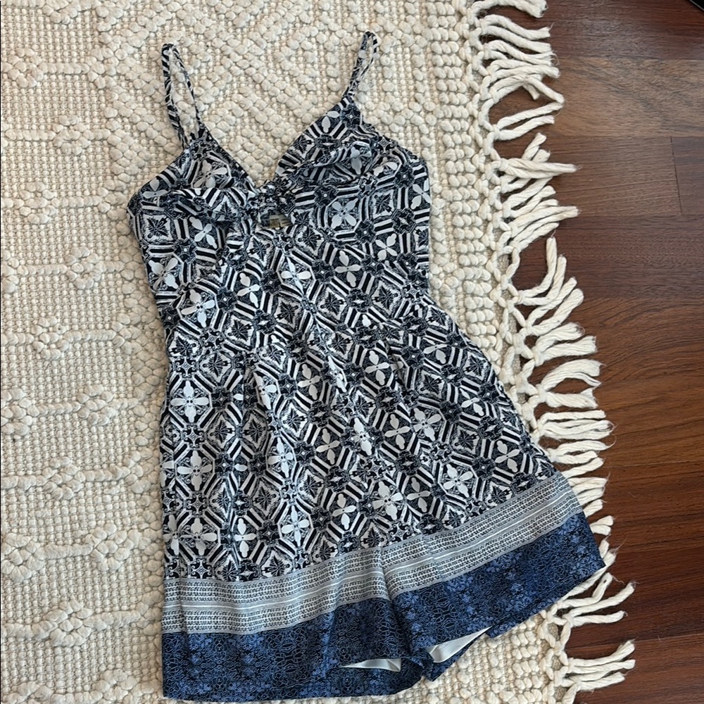 Blue and White Romper Bow Tie Front